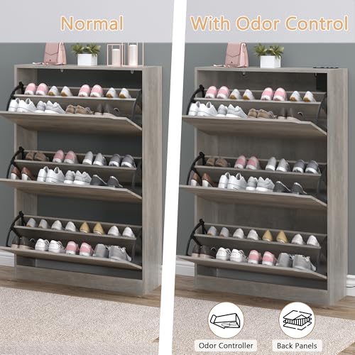 Shoe Cabinet with Odor Control and Back Panels, Deodorizing Slim 3-Flip Shoe Storage Cabinet for Entryway, Freestanding Hidden Shoe Rack Organizer for Entrance, Hallway, Bedroom