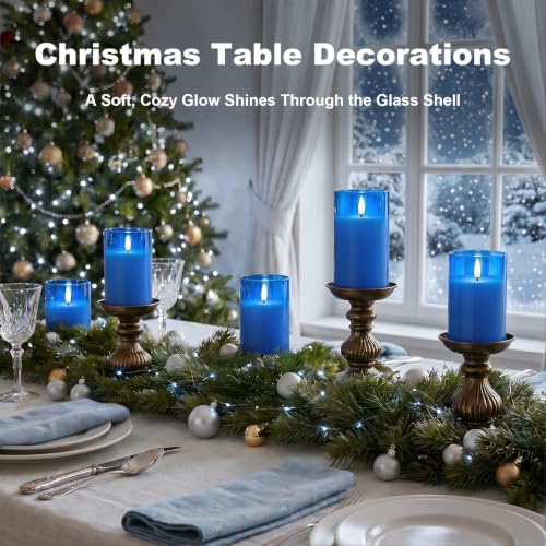 Image of Amagic Blue Glass Flameless Candles with Remote, Battery Operated Candles, Real Wax LED Candles with Timer, Flickering Fake Pillar Candle for Theme Party, Hanukkah Holiday Decor, 3D Wick, Set of 3