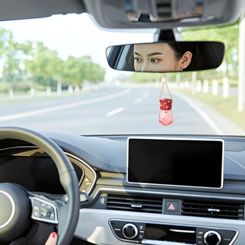 Image of Bling Car Hanging Bottle, 2PCS Crystal Rhinestone Empty Clear Vehicle Essential Diffuser Glass Pendant with Wooden String, Diamond Auto Interior Oil Vase Decor, Universal Fit (Red)