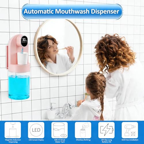 Image of Mouthwash Dispenser for Bathroom, Automatic Mouthwash Dispenser, 20.29 oz Touchless Electric Wall Mounted Mouth Wash Dispenser, 4 Modes with 4 Magnetic Cups for Kids & Adults,Bathroom Accessories Set
