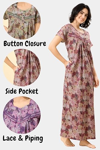 Image of GLAMORAS Bizzy Lizzy Cotton Nighty Gown with Side Pocket for Women | Regular, Digital Printed & Full Length Maxi Night Gown | Night Wear Maxi Gown for Women | Size: M-2XL