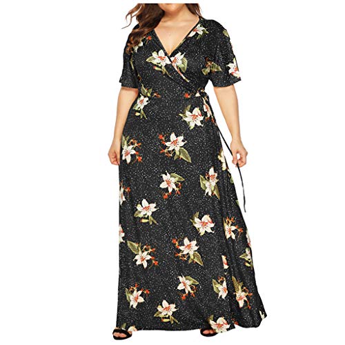 Summer Loose Dress,Kingwo Women Plus Size Short Sleeve High Waist Long Dress Sundress Teens Girls V-Neck Floral Printing Bandage Maxi Dress(Black,XL)