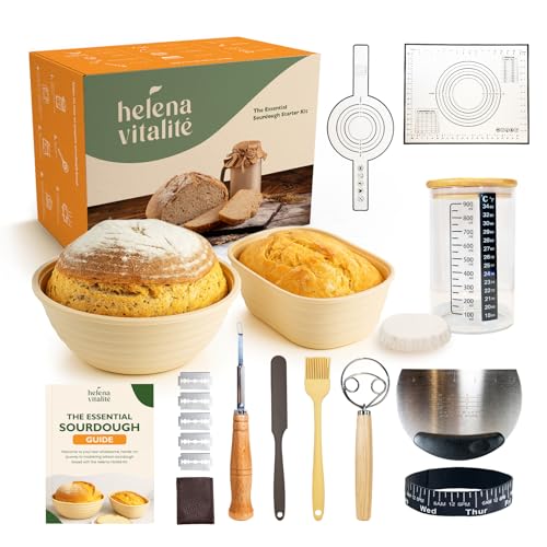 Sourdough Starter Kit – Bread Baking Set with 10" Oval & 9" Round Silicone Bannetons,1000ml Starter Jar, Bread Lame, Danish Whisk, Pastry Mat,Sling, Fermentation Kit, Gift for Bakers, Moms & Wives