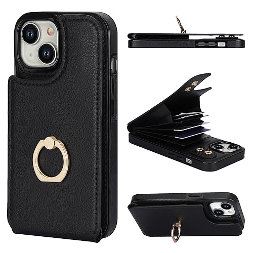 Folosu Compatible with iPhone 15 Case Wallet with Card Holder, 360°Rotation Finger Ring Holder Kickstand, RFID Blocking Leather Protective Double Buttons Shockproof Cover 6.1 Inch (Black New)
