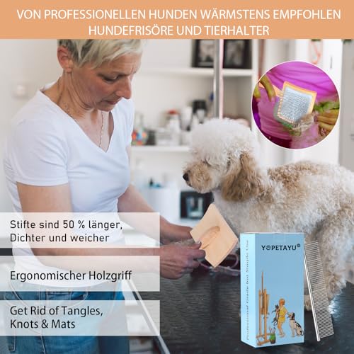 YOPETAYU Slicker Bürste für Hunde & Katzen mit Holzgriff – extra lange Borsten für langes Fell – entfernt Unterwolle & Knoten – mit Fellkamm – für Golden Retriever & Australian Shepherd – Oak