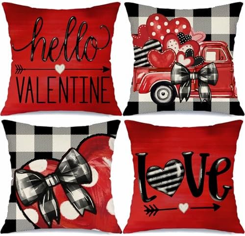 Valentine's Day Buffalo Plaid Bow Truck Throw Pillow Covers 18x18...