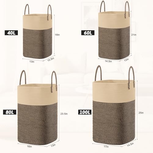Image of Laundry Basket,Woven Cotton Rope Laundry Hamper,Versatile Storage for Dirty Clothes,Baby Toys,and Blankets in Bathroom, Nursery,and Living Room (Jute, 60L)