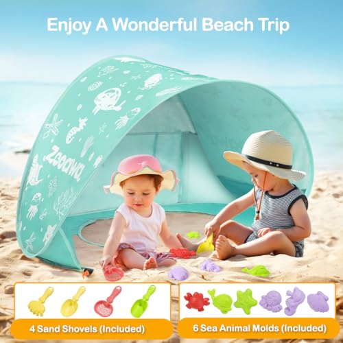 Zooawa Pop Up Strandmuschel Baby Strandzelt Strandmuscheln,Tragbar Baby Strand Zelt mit Mini Pool UV-Schutz Sun Shelter für Kleinkinder mit Strand Sand Spielzeug Set, Minzgrün