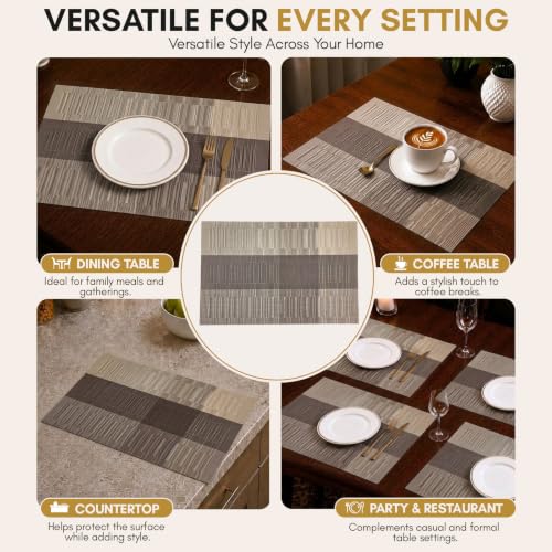 Image of Solitude Set of 6 Dining Table Placemats | Non-Slip PVC Table Mats, Heat Resistant, Washable, Stain-Resistant Surface, (Silver & Grey, 45 x 30 cm)