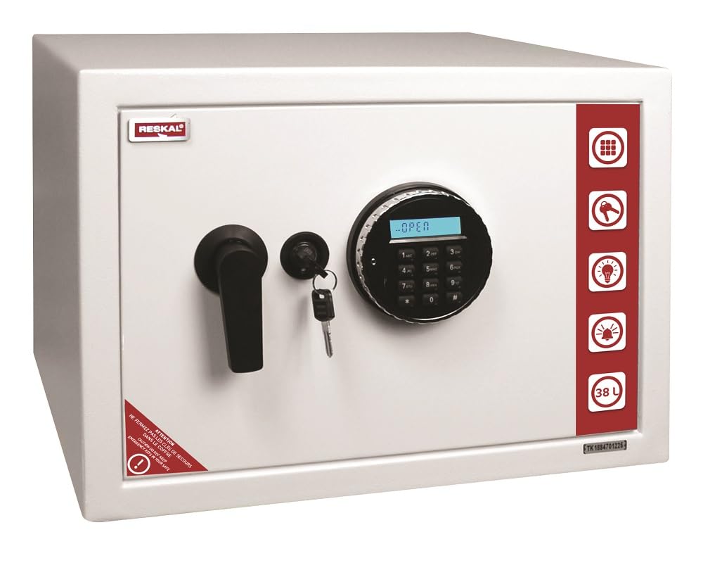 RESKAL Skrzynka bezpieczeństwa 38,5 l, kod elektroniczny, klucz zapasowy i alarm - 2 rygle 20 mm, oświetlenie wewnętrzne, stal jednoczęściowa - odporność na korozję, wyświetlacz LCD - wymiary