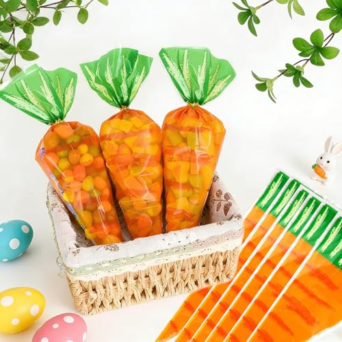 Kegel Geschenktüten Ostern,50 Stück Oster Karotten Tüten,Zellophantüten Ostern,Karotten Spitztüten Süßigkeiten Tüten,Cellophantüten,Ostertüten zum Befüllen,mit 50 Twist Krawatten Ostertüte Karotte