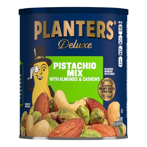 Image of PLANTERS Deluxe Pistachio Mix, Plant Based Protein, 14.5 Oz (1 Ct) | Salted Mixed Nuts: Pistachios, Almonds, Cashews. Snacks for Adults. Resealable Canister. Party Snack