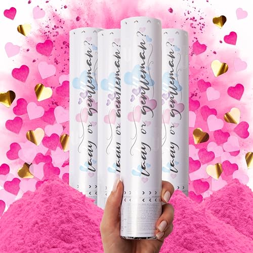 PrimePure Cañones de confeti Gender Reveal, Polvo Corazon Rosa, Pack de 4