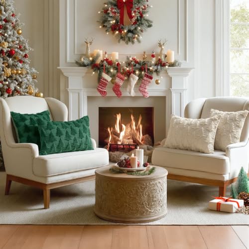 Image of MIULEE Christmas Throw Pillow Covers Lumbar Beige Christmas Decorations Xmas Tree 16x24 Pillow Covers Soft Plush Faux Wool Pillowcases Holiday Festivals Winter Home Decor Sofa Couch Bed Porch