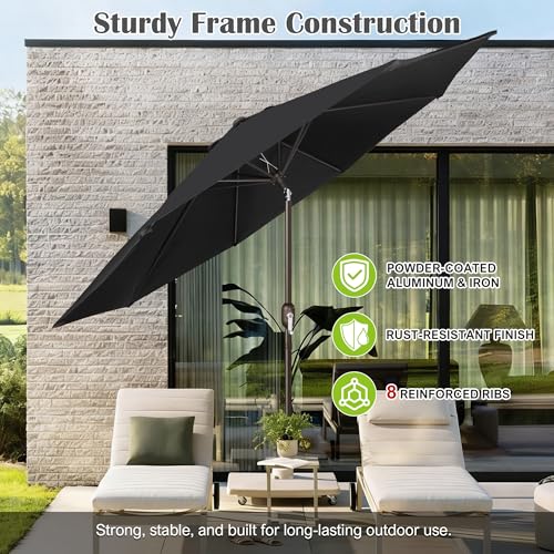 Image of Blissun 10FT Patio Umbrella, Outdoor Table Umbrella, Yard Umbrella, Market Umbrella with 8 Sturdy Ribs, Push Button Tilt and Crank, Black