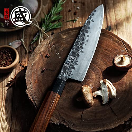 MITSUMOTO SAKARI 20 cm Coltelli da Cucina Professionali, Coltello Giapponese Forgiato a Mano, Coltello da Cucina in Acciaio ad Alto Carbonio (Manico in Palissandro e Scatola di legno Boutique) - immagine 3