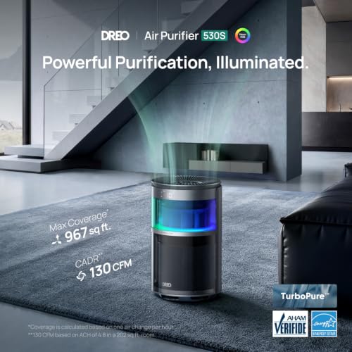 Image of DREO Smart Air Purifier With RGBIC Light,Home Air Cleaner with Wi-Fi /Voice /Alexa, 4 Speeds & Auto /Turbo /HEPA Sleep Modes for Smoke, Dust, Pollen, Odor, PM2.5 Quality Monitor, DREO 530S, DR-HAP010S
