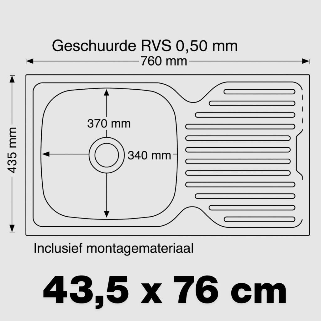 Evier Inox 1 Bac en acier inoxydable 76 x 43,5 cm – Évier encastrable – Avec siphon, trou de robinet et égouttoir