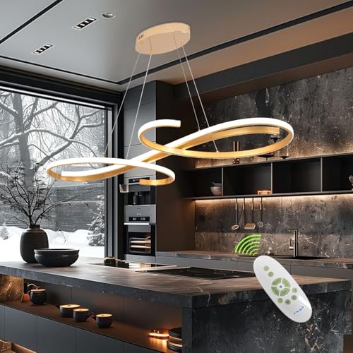 Lámpara Colgante LED Dorada para Mesa de Comedor,Moderna Lámpara de Mesa de Comedor Regulable, Lámpara Colgante LED de 100 cm de Largo, Lámpara Colgante Moderna con Control Remoto, Altura Ajustable