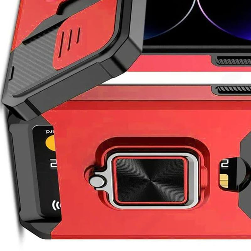 Image of LuxuryKase Shockproof Armor Case for iPhone 15 | Slide Camera Cover | Hidden Card Slot | Rotating Ring Kickstand | Magnetic Car Mount Support | Military Grade Protection - Red