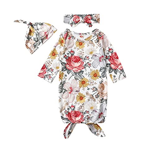 Image of Kislio Newborn Baby Girls Boy Knotted Gown Floral Nightgown Sleeper Gown Swaddle Headband Hat Coming Home Outfit Set