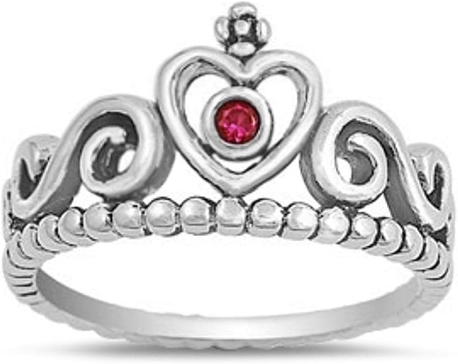 Heart Tiara Crown Simulated Ruby Unique Ring New .925 Sterling Silver Band Sizes 5-10