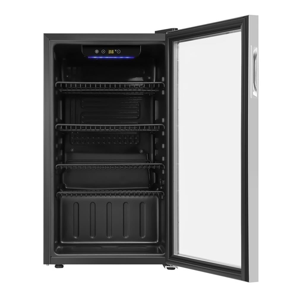 Pemberly Row 18" 3.2 Cu. Ft. Beverage Refrigerator, Black Finish, Tempered Glass Door, Digital Temperature Control, Illuminated Blue LED, Holds 119 Cans, Compact Merchandiser for Home or Commercial on Fridge.com
