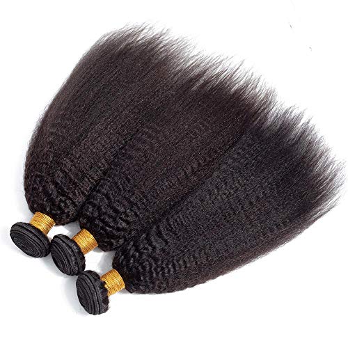 8A+ Kinky Straight Human Hair 3 Bundles（16 18 20）Yaki Human Hair Weave Unprocessed Sew in Brazilian Virgin Remy Hair Extensions Natural Black