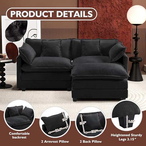 Image of Ihanherry 77 inch L Shaped Modern Sofa Modular Sectional Cloud Couch with Ottoman, 3-Seat Chenille Deep Seat Sofa with Pillow for Living Room, Bedroom and Apartment, Black
