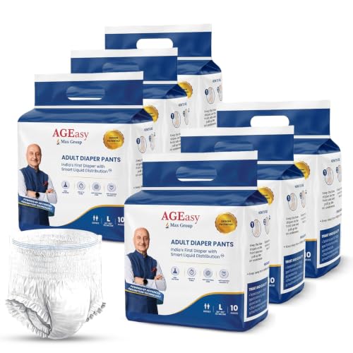 Image of AGEasy (Max Group) Unisex Adult Diapers Pants | L (Waist 30-55 inches | 60 Units) | 12-Hours of Dryness & Comfort | Gel-Lock Absorption | Anti-Sag, Antibacterial Hygiene | Invisible Fit, Odor Control