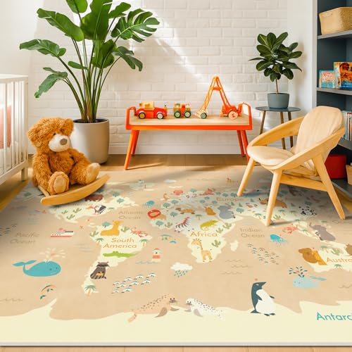 Image of Hazo Haus Washable Kids Playroom Rug with Animal – 5x8 Educational World Map Play Mat with Kids Room – Non-Slip, Stain Resistant, Soft & Safe for Baby, Nursery, Classroom or Bedroom - Beige