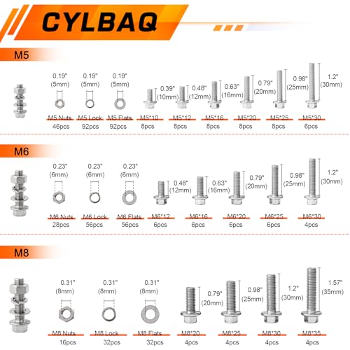 CYLBAQ 360PCS Flanged Bolts and Nuts Kit, M5 M6 M8 Stainless Steel 304 Metric Flanged Hex Screws Nuts - Image 2