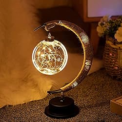 Lamparas De Sal Esoterismo Lámpara lunar encantada, lámpara colgante de luna, luz de noche con soporte, marco de metal, cuerda de cáñamo hecha a mano, para hogar, bar, dormitorio, mesita de noche, decoración romántica de
