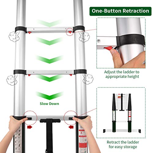 TOOLITIN 15.5FT Telescoping Ladder with Stabiliser Bar,Slow Down Design Aluminum Telescopic Extension Ladder, One Button Retraction Multi-Purpose Collapsible Ladder, 330 Lb Capacity - Thumbnail 4