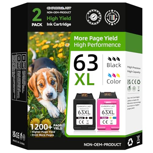 Chromojet 63XL Ink Cartridges Black and Color Compatible for HP 63XL...