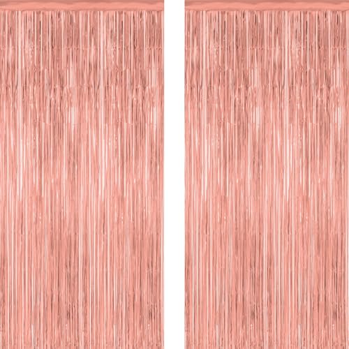 Image of ZATAYE 2 Pack Rose Gold New Years Eve Foil Curtain Streamer Decorations | Rose Gold, Metallic Foil, 3.28 x 7.05 FT, Tinsel Backdrop, Foil Curtain Streamer, New Years Eve Party