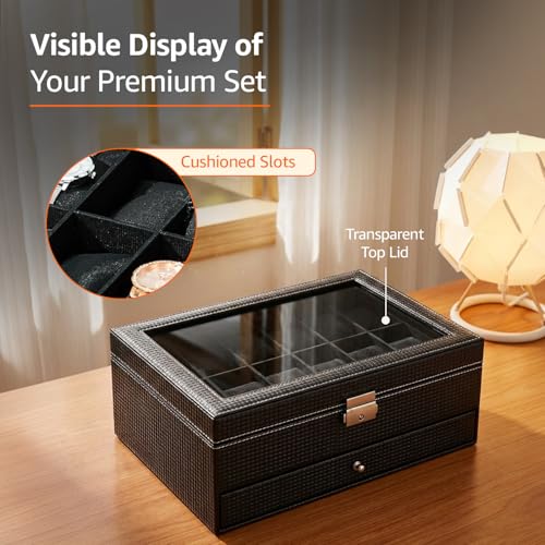 Image of Amazon Basics Sliding Drawer 12-Slot Watch and Jewelry Organizer - Faux Leather & MDF Storage Box for Men and Women, Black