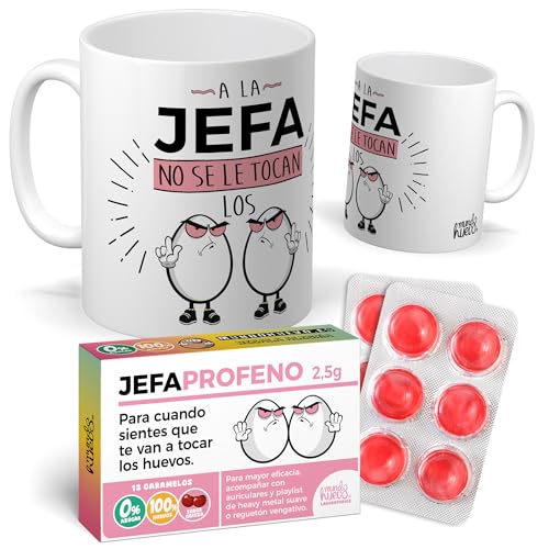 Pack Jefa | Taza la Jefa no se le tocan los … + Caramelos JEFA PROFENO – Regalo divertido para Día de la Madre – Detalle gracioso de cumpleaños y oficina | Frase Divertida | Cerámica 350 ML