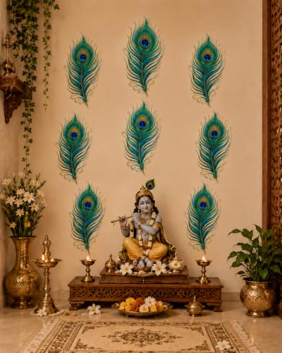 Image of SpecialYou Peacock Feather Wall Stickers Set for Home, Living Room, Home Decor, Mandir Decorations Items for Pooja, Mor Pankh Krishna Sticker-8pcs