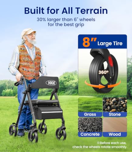 Image of VOCIC Z21 Rollator Walker for Seniors with Seat, 8 inch All Terrain, 350 LBS | Lightweight Foldable & Dual Height Adjustable for Seniors, Ergonomic Arc Seat&6 inch Ultra Backrest Provide Comfort, Black