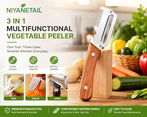 Image of 1 Pack Multifunctional Vegetable Peeler for Kitchen 3 in 1 Stainless Steel Fruit & Vegetable Peeler with Wooden Handle, Built-in Grater & Bottle Opener for Potato, Carrot, Apple & Cucumber
