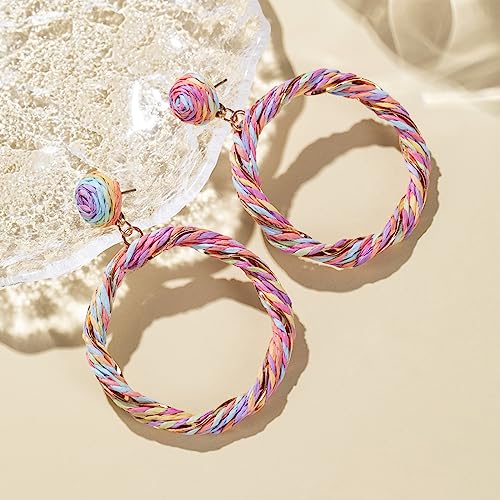 Boho Raffia Hoop Dangle Earrings Twisted - Statement Rattan Round Geometric Earrings For Summer Beach Vacation4