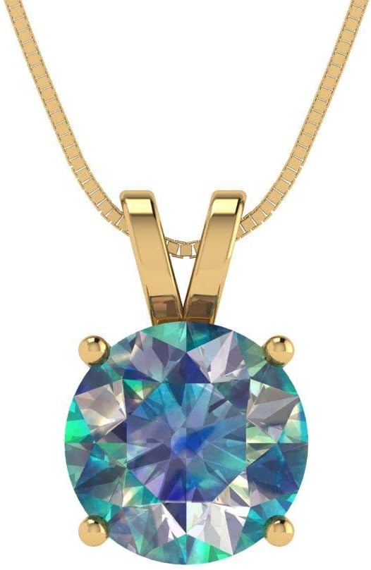 Clara Pucci 1.5 tcw Solitaire Pendant for Women - Round Cut Blue Moissanite in 14K Yellow Gold - Womens Birthday Birthstone Necklace with 16" Solid Gold Box Chain