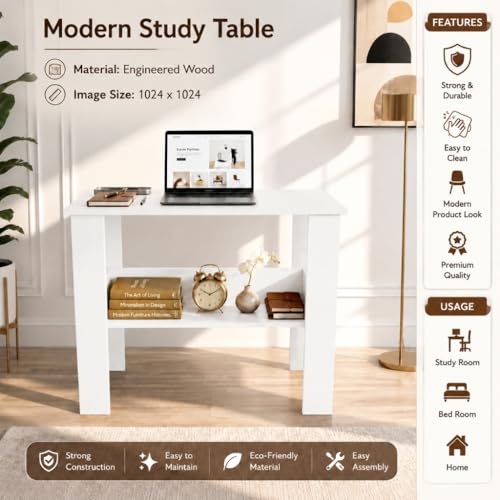 Image of SPYDER CRAFT Modern Specio Engineered Wood Study Table with Storage Shelf | Clean Minimalist Computer Desk for Home, Office, & Bedroom | Durable & Easy to Clean (White) (Assembly DIY)
