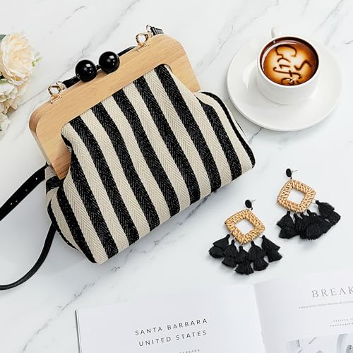 Aliceset Women's Crossbody Bag with Rattan Tassel Earrings Canvas Shoulder Kiss Lock Purse Lightweight Retro Wallet with Woven Dangle Earrings for Summer Beach4