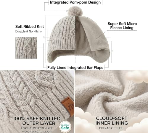 Image of LMLALML Boys Winter Hat Earflap Knitted Beanie for Kids Warm Fleece Lined Thicken Hat for Baby