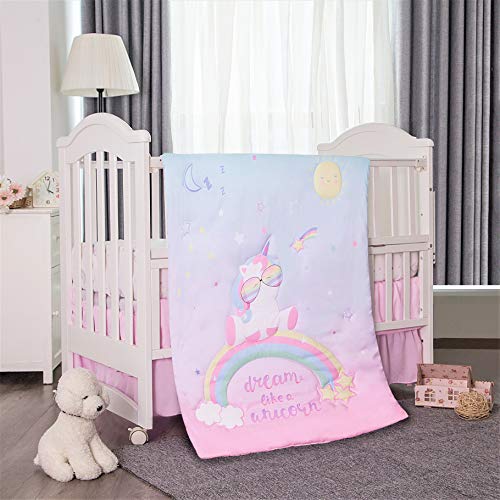 La Premura Unicorn Baby Nursery Crib Bedding Set For Girls – Baby Unicorn & Rainbows 3 Piece Standard Size Crib Bedding Sets In Pink, Yellow & Green #TOP7