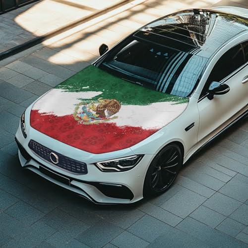 Image of Mexican Flag Car Hood Cover 59x39 inches Stretch Polyester Car Hood Flag Waterproof Automotive Exterior Accessories for Most Sedans SUV Trucks Pickup
