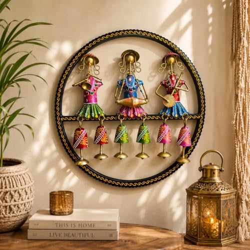 Image of iHandikart Handmade Metal Wall Art for Home Decor | 15 x 15 Inch Round Rajasthani Musician Wall Sculpture with Hanging Bells | Decorative Iron Wall Hanging for Living Room, Hallway, Office & Entryway