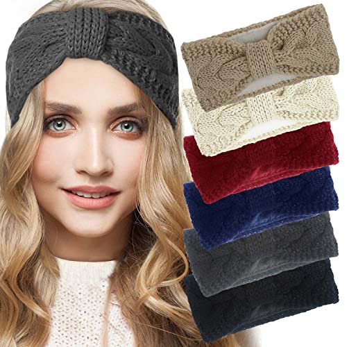 Womens Soft Winter Head Warmer Cable Knit Headband Warm Fuzzy Chunky Fleece Lined Knitted Stretchy Ear Warmer Headwrap for Cold Nights (Charcoal Gray)